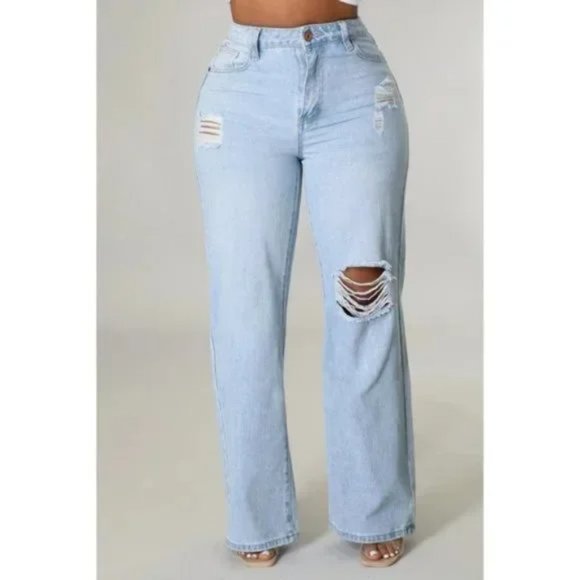 Denim - Blue High Waist Ripped Distressed Wide Leg Jeans Denim Pants